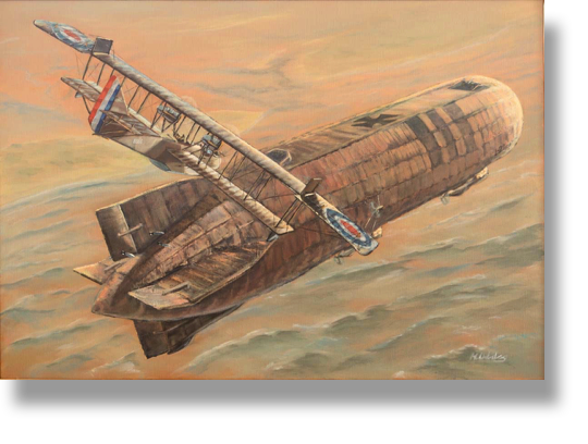 UK Curtis H12 attacking Zeppelin L22
Oilpainting on canvas
WW1 North of Terschelling this Zeppelin was Shot down by this FlyingBoat
100 x 70 cm
Framed with wingframe